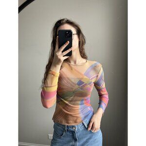 Rainbow Mesh Long-Sleeve Sheer Top – Colorful See-Through Layering Shirt Festiva
